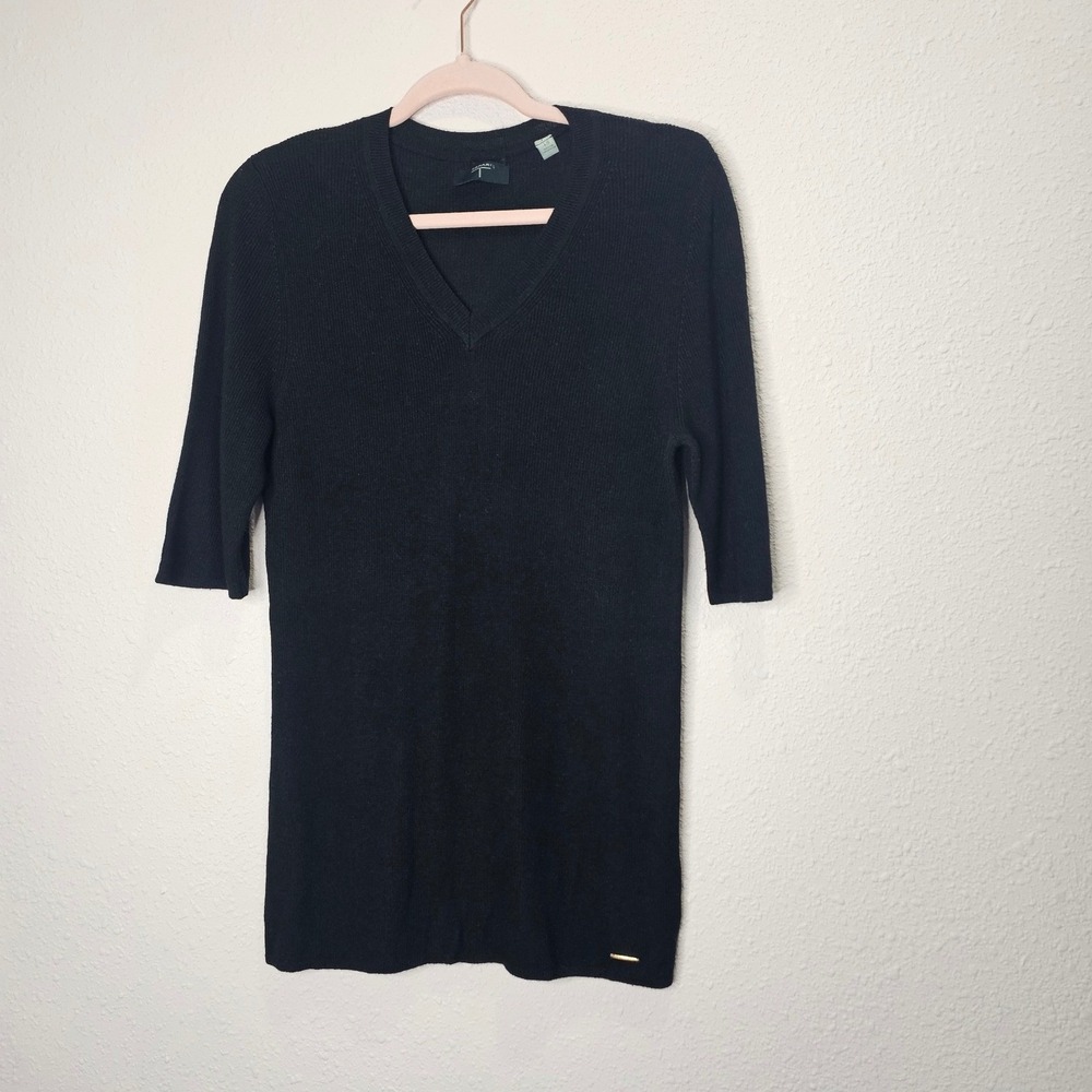 T Tahari Women‎ Black V Neck Thin Knit Sweater Size Large Minimalist Ribbed